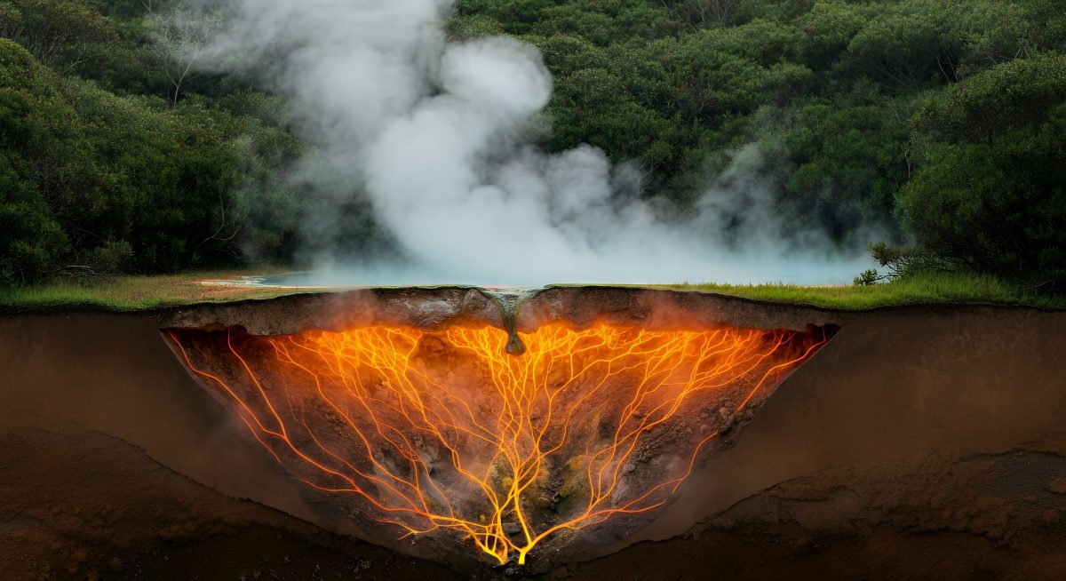 KI-generiertes Bild einer unterirdischen Magma-Kammer. Aus dieser dringt Rauch an die Oberfläche.