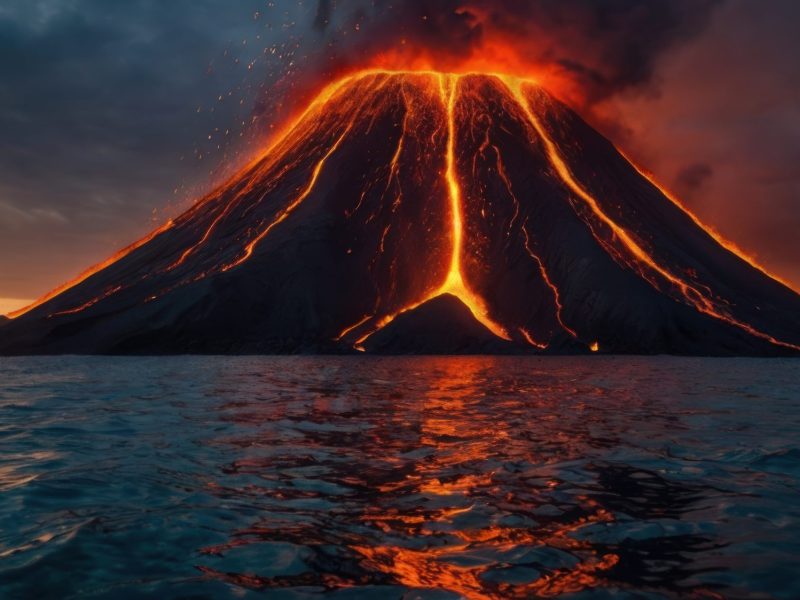 KI-generiertes Bild eines ausbrechenden Vulkans, der von Wasser umgeben ist.