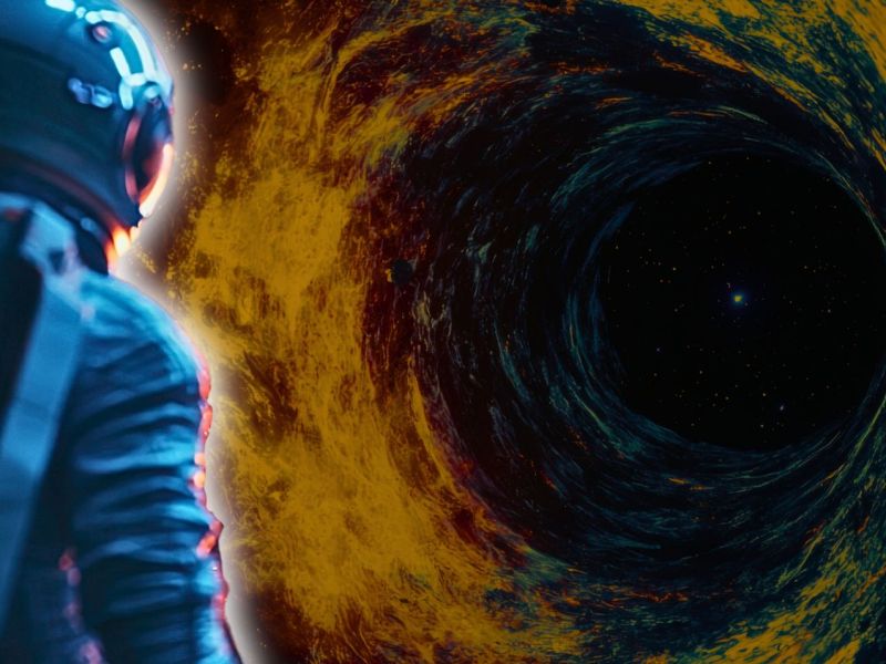 Astronaut schwebt vor einem Wurmloch
