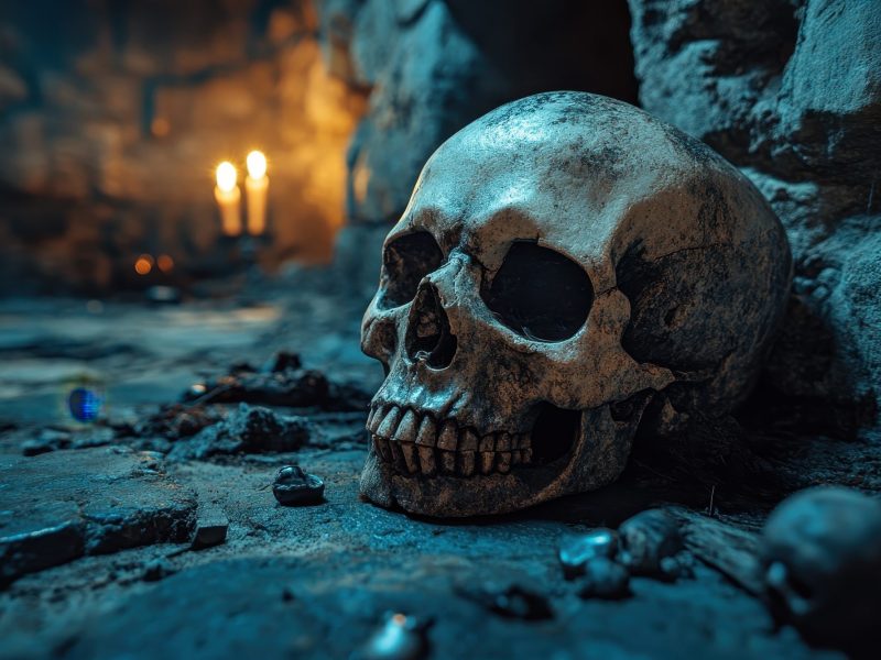 KI-generiertes Bild eines Totenkopfs in einer Höhle.