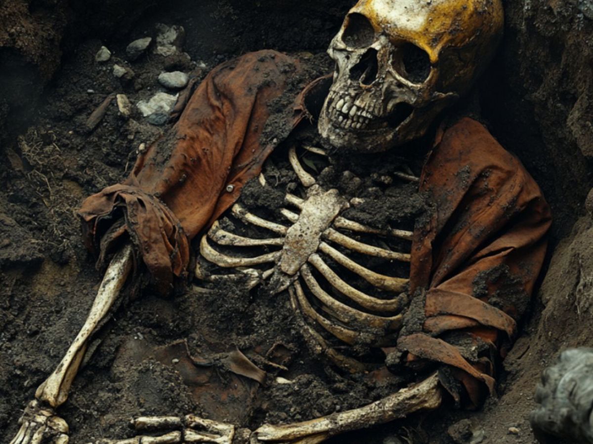 Skelett im Boden als archäologischer Fund (KI-generiertes Bild).