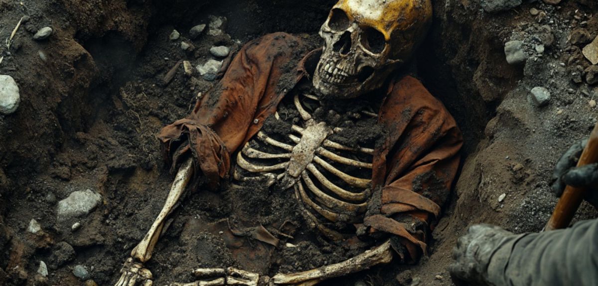 Skelett im Boden als archäologischer Fund (KI-generiertes Bild).