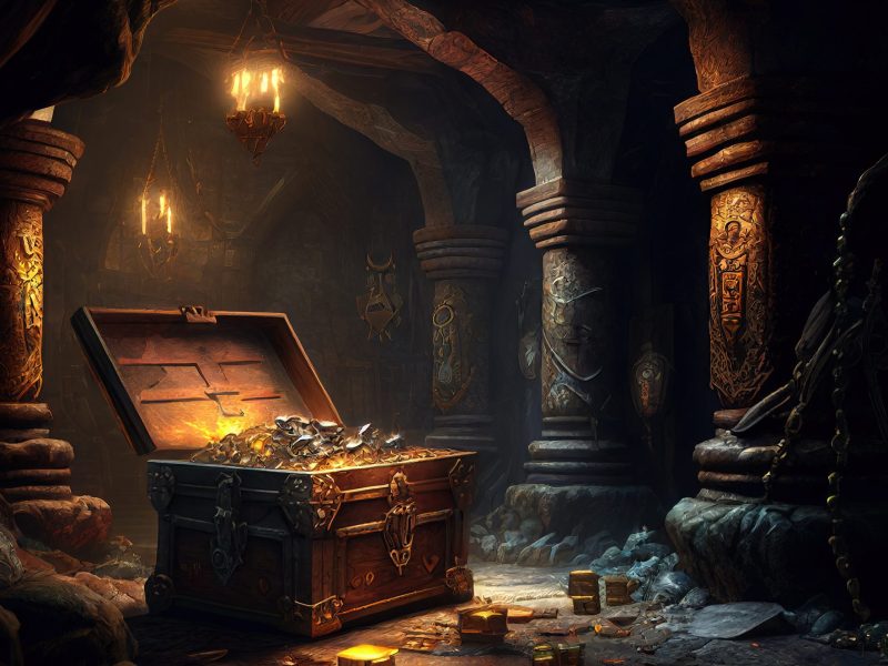 KI-generiertes Bild einer Höhle mit einer Schatztruhe, in der sich goldene Gegenstände befinden.
