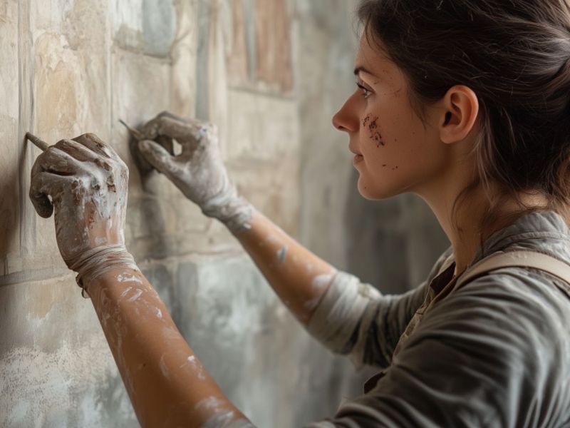 Frau arbeitet an einem archäologischen Fund (KI-generiertes Bild).