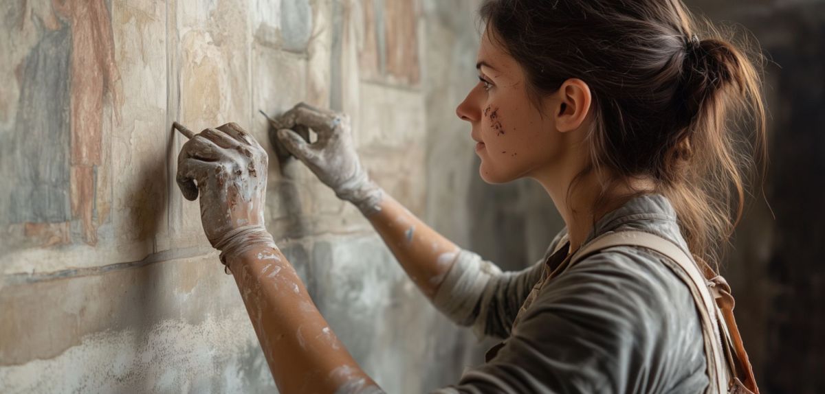 Frau arbeitet an einem archäologischen Fund (KI-generiertes Bild).