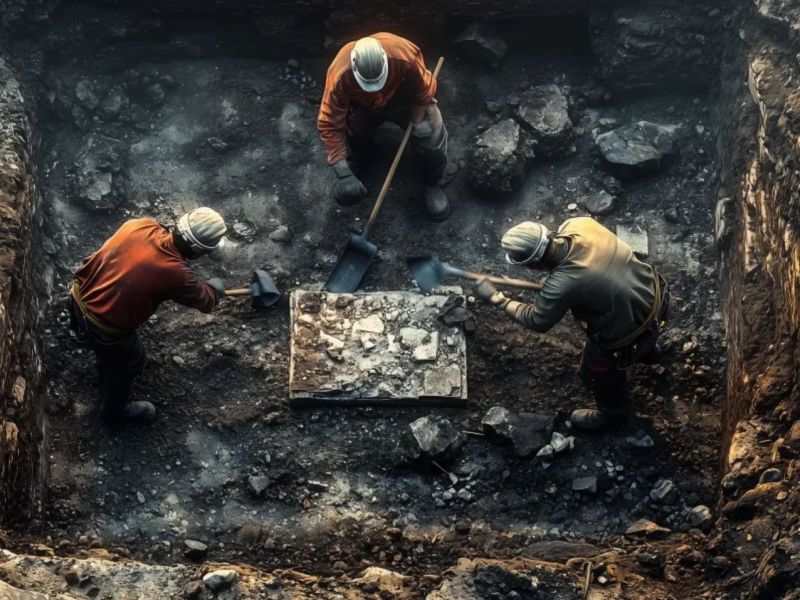Drei Männer arbeiten an einem archäologischen Fund (KI-generiertes Bild).