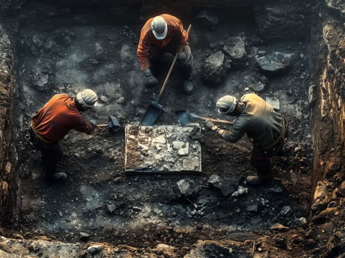 Drei Männer arbeiten an einem archäologischen Fund (KI-generiertes Bild).