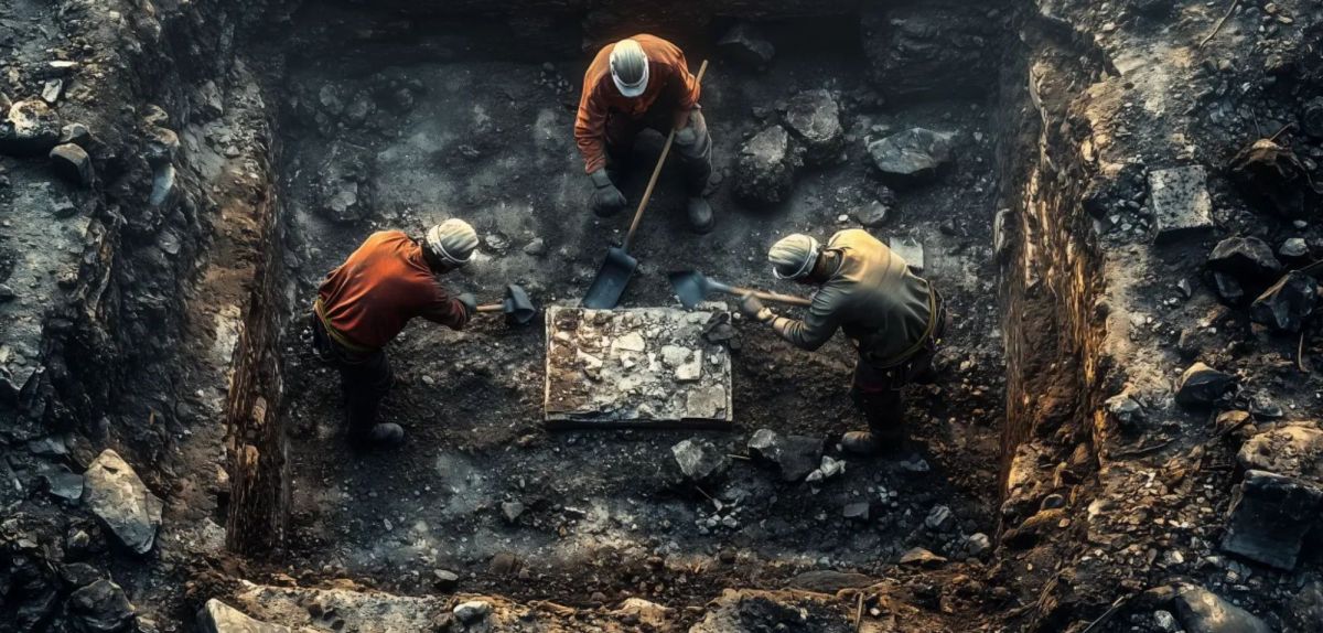 Drei Männer arbeiten an einem archäologischen Fund (KI-generiertes Bild).