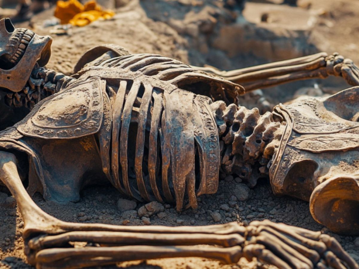 Skelett als archäologischer Fund im Sand (KI-generiertes Bild).