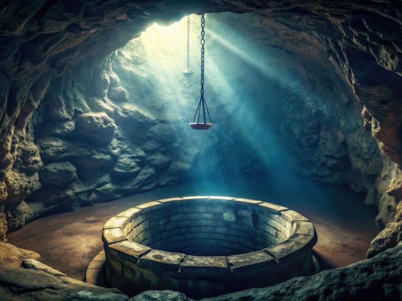 KI-generiertes Bild eines Brunnens in einer Höhle.