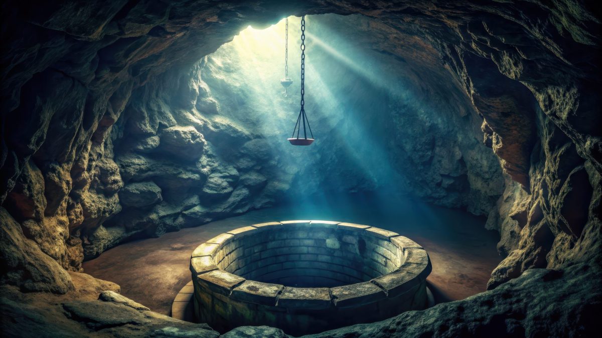 KI-generiertes Bild eines Brunnens in einer Höhle.