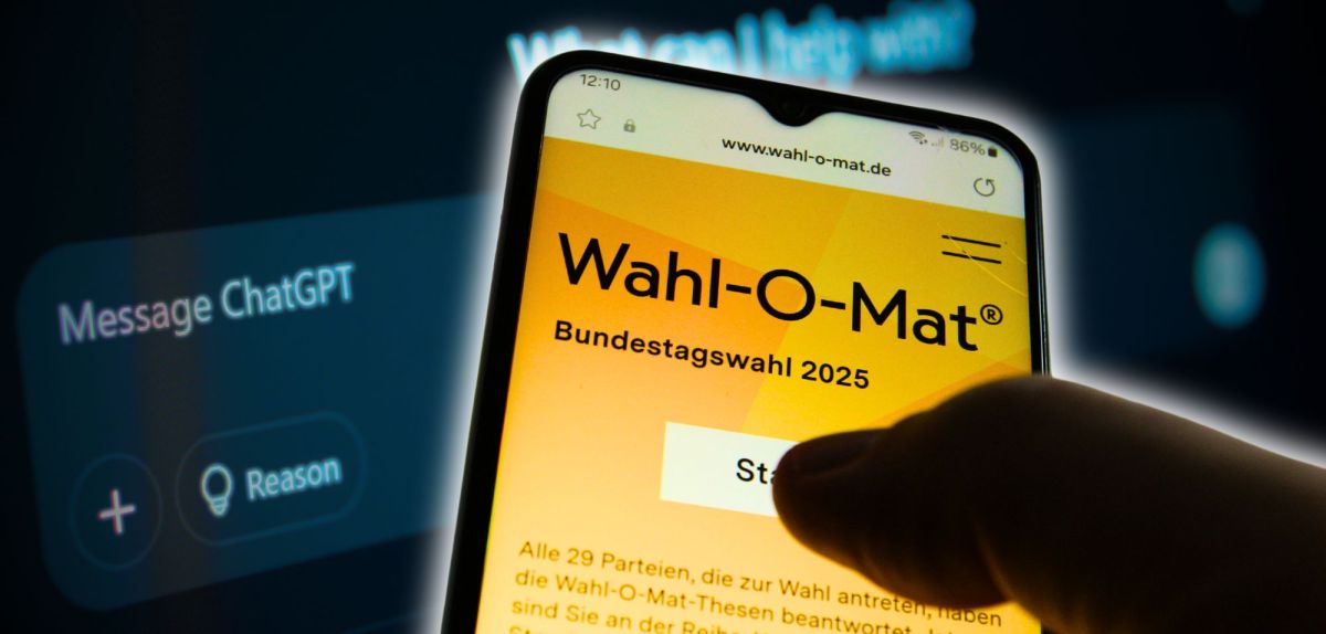 Person hält Smartphone mit geöffnetem Wahl-O-Mat vor einen Laptop mit ChatGPT