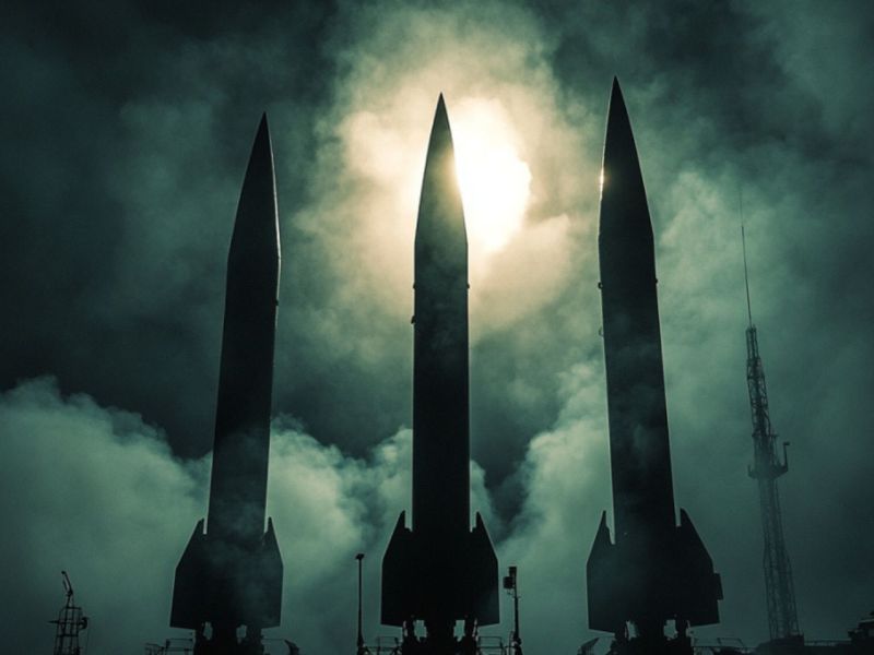 Mehrere Raketen aus China vor dunklem Hintergrund (KI-generiertes Bild).