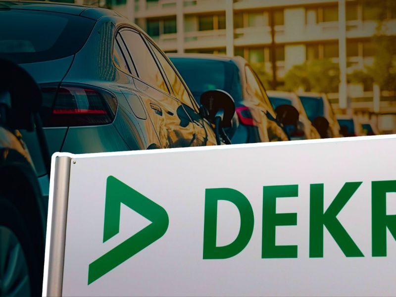 Elektroauto vor einem DEKRA-Schild