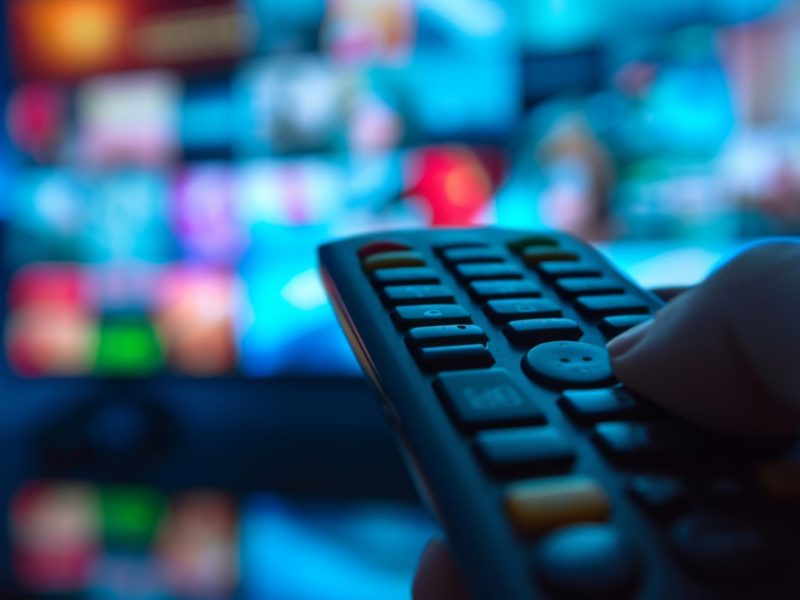 KI-generiertes BIld einer Hand, die eine Fernbedienung hält. Im Hintergrund ist ein eingeschalteter Fernseher zu sehen.