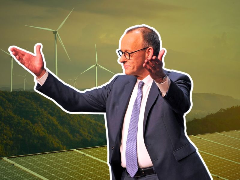 Friedrich Merz (CDU) vor einer Landschaft mit Solarpanelen und Windrädern