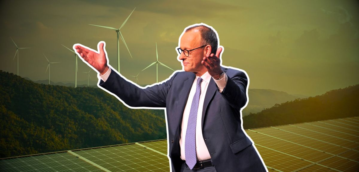 Friedrich Merz (CDU) vor einer Landschaft mit Solarpanelen und Windrädern