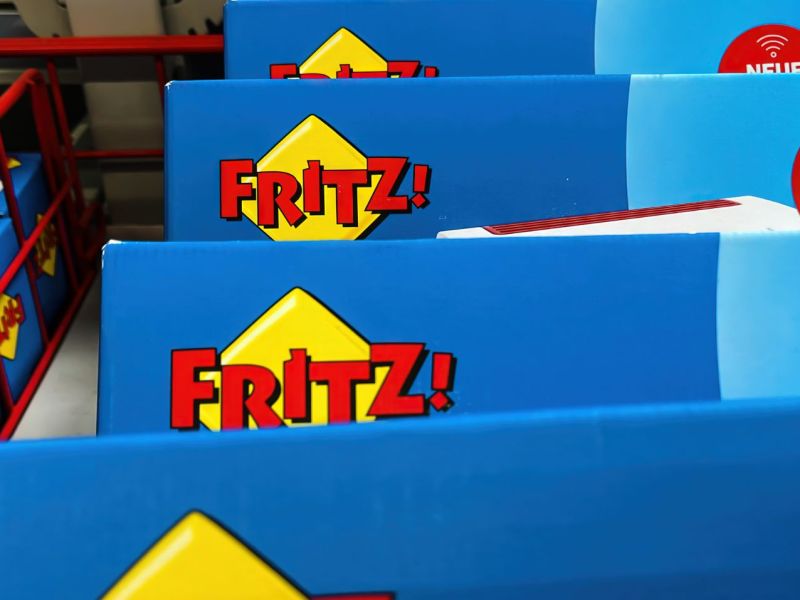 Verschiedene FritzBox-Verpackungen in einem Geschäft