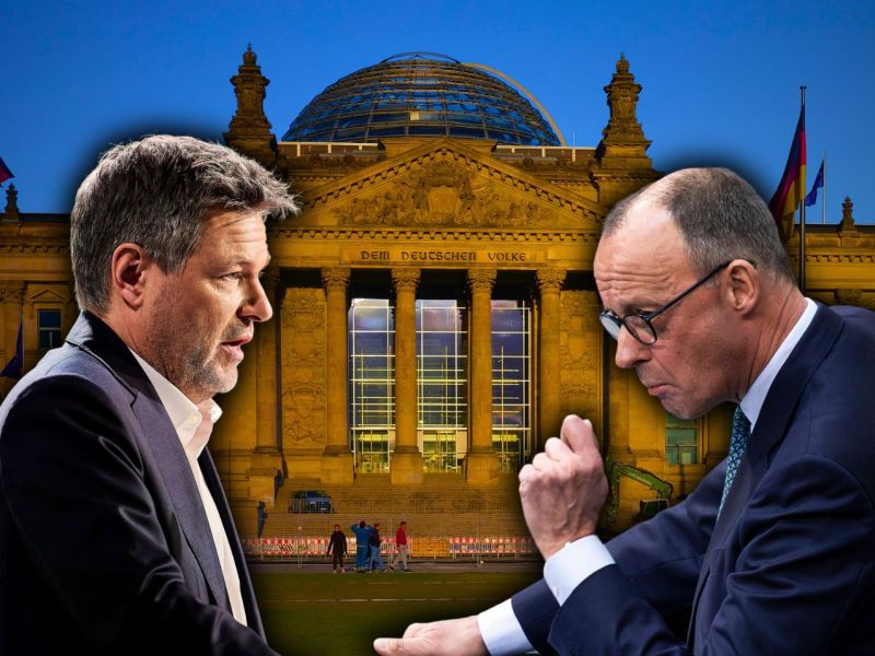 Robert Habeck und Fridrich Merz vor dem Reichstag