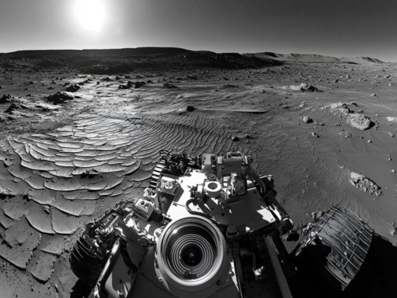 Ein Mars-Rover fährt über marsianische Landschaft (KI-generiertes Bild)