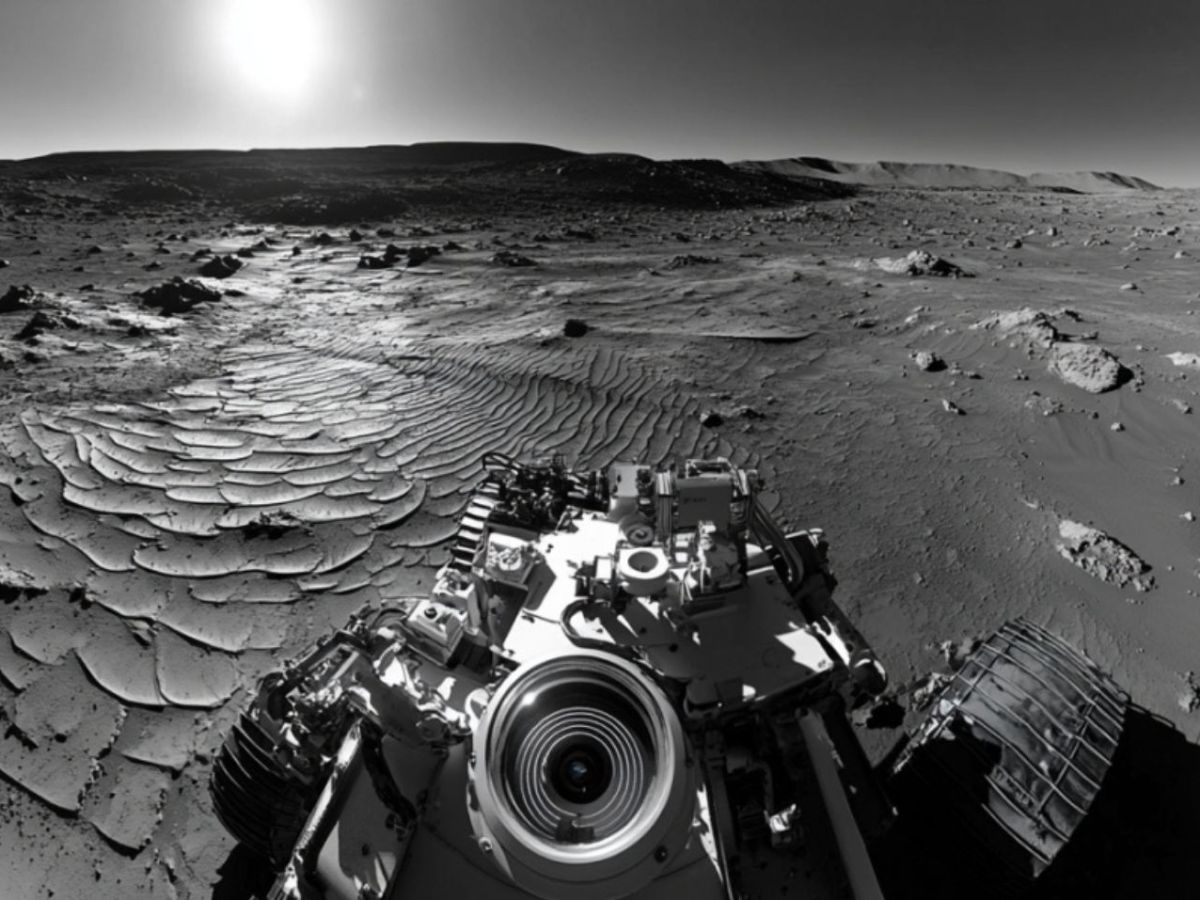 Ein Mars-Rover fährt über marsianische Landschaft (KI-generiertes Bild)