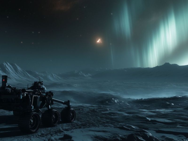 Mars-Rover fährt über die Oberfläche des Planeten und sieht in einen leuchtenden Himmel (KI-generiertes Bild).