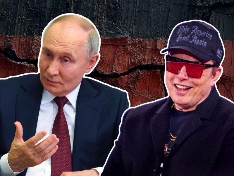 Wladimir Putin (l.) und Elon Musk (r.) vor einer brÃ¶ckelnden Deutschlandflagge