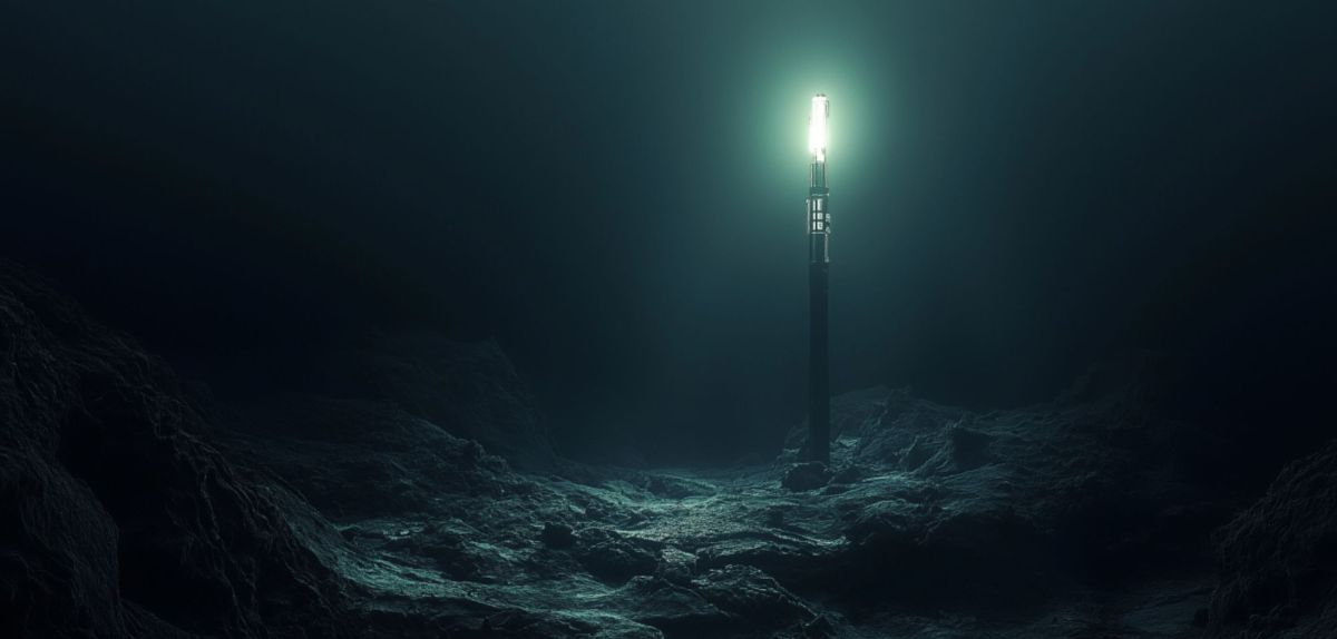 Ansicht eines Physik-Partikels unter Wasser (KI-generiertes Bild).