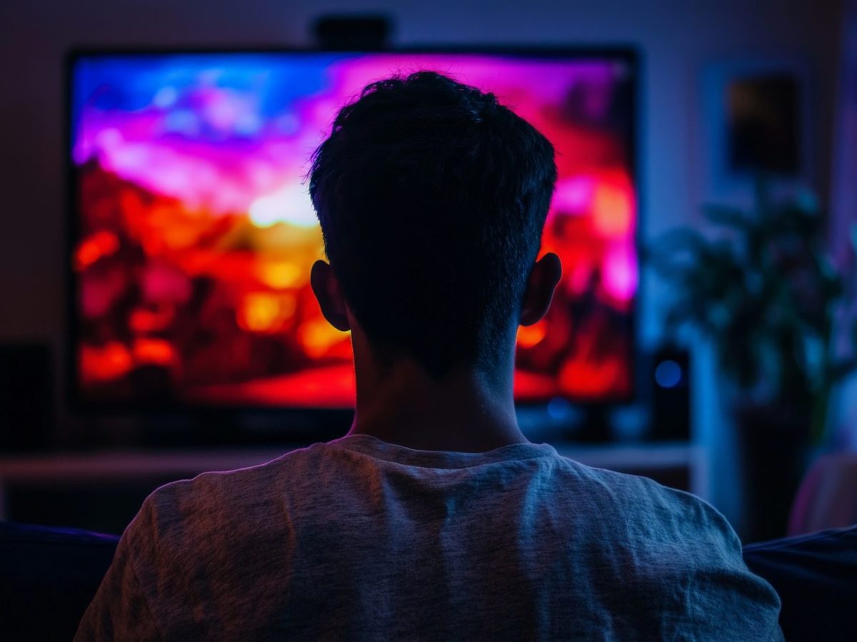 KI-generiertes Bild des Hinterkopfs einer Person, die vor einem eingeschalteten Fernseher sitzt.