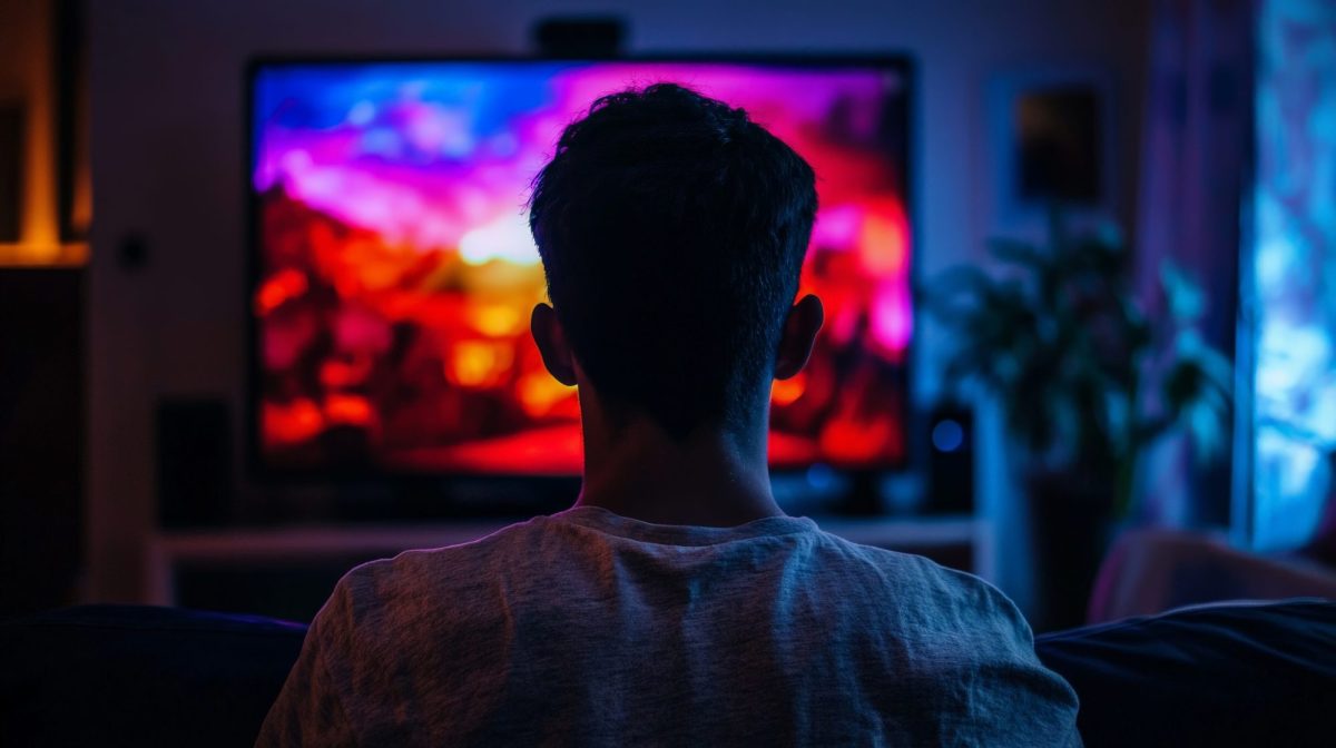 KI-generiertes Bild des Hinterkopfs einer Person, die vor einem eingeschalteten Fernseher sitzt.