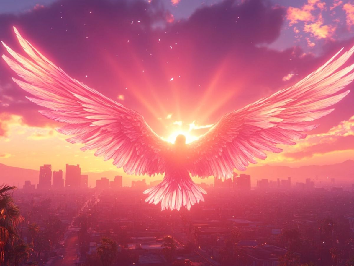 Eine Taube fliegt in den Sonnenuntergang.