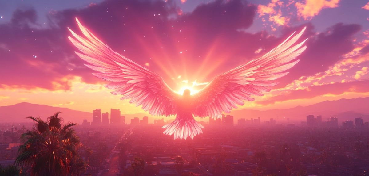 Eine Taube fliegt in den Sonnenuntergang.
