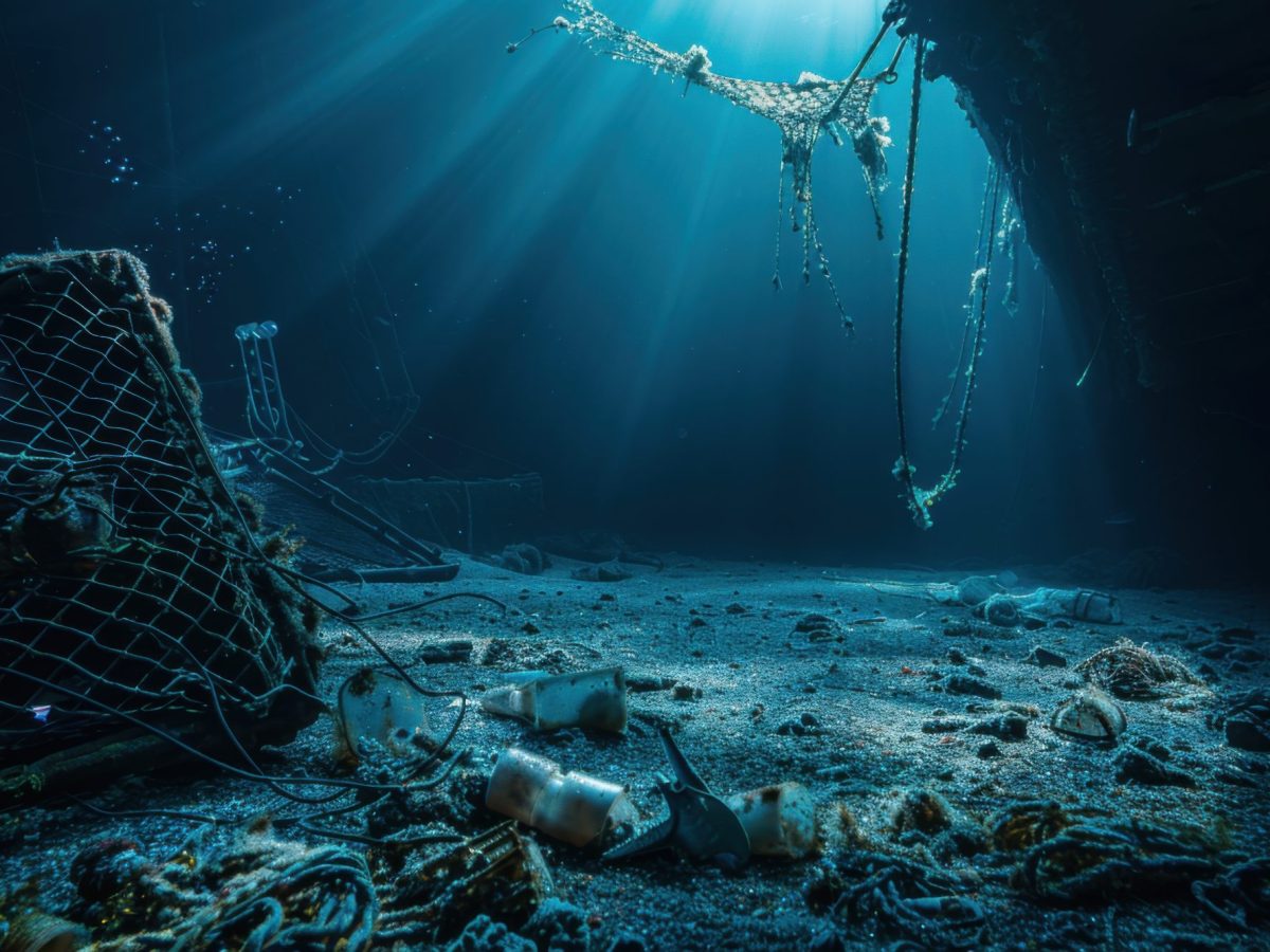 KI-genierertes Bild des Meeresbodens mit versunkenen Fischernetzen.