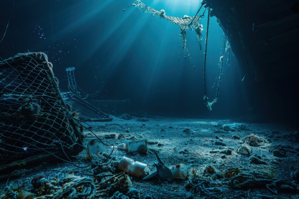 KI-genierertes Bild des Meeresbodens mit versunkenen Fischernetzen.