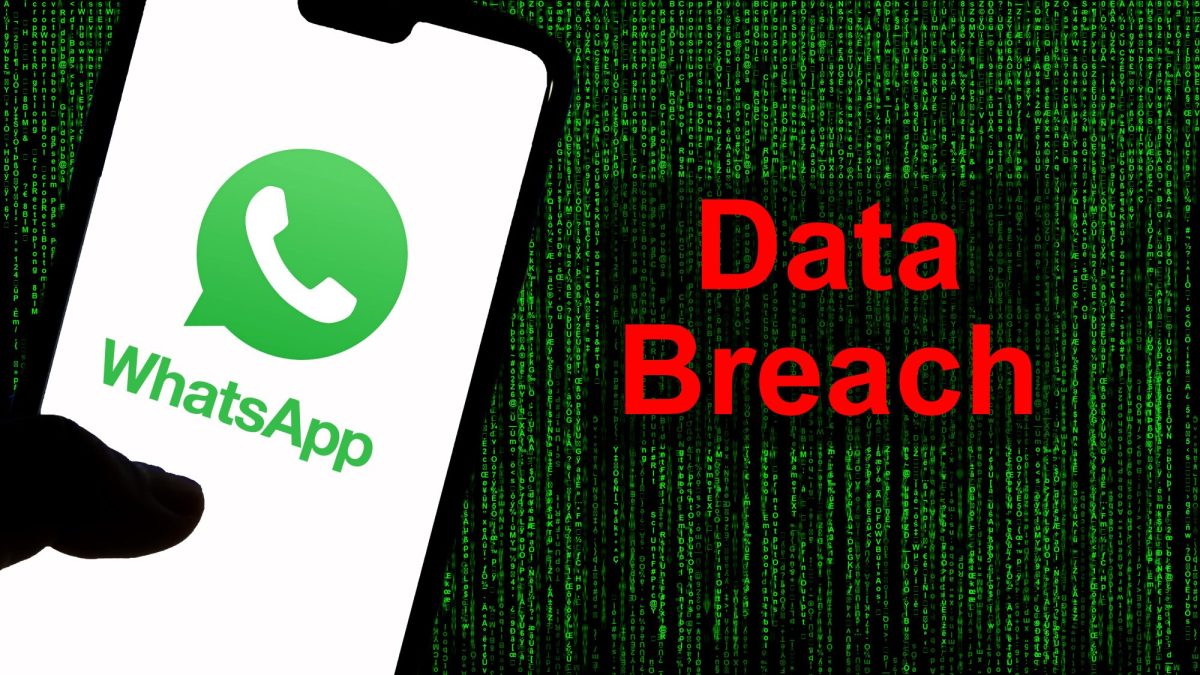 WhatsApp-Logo auf einem Smartphone. Im Hintergrund sind Zahlencodes und der Schriftzug 