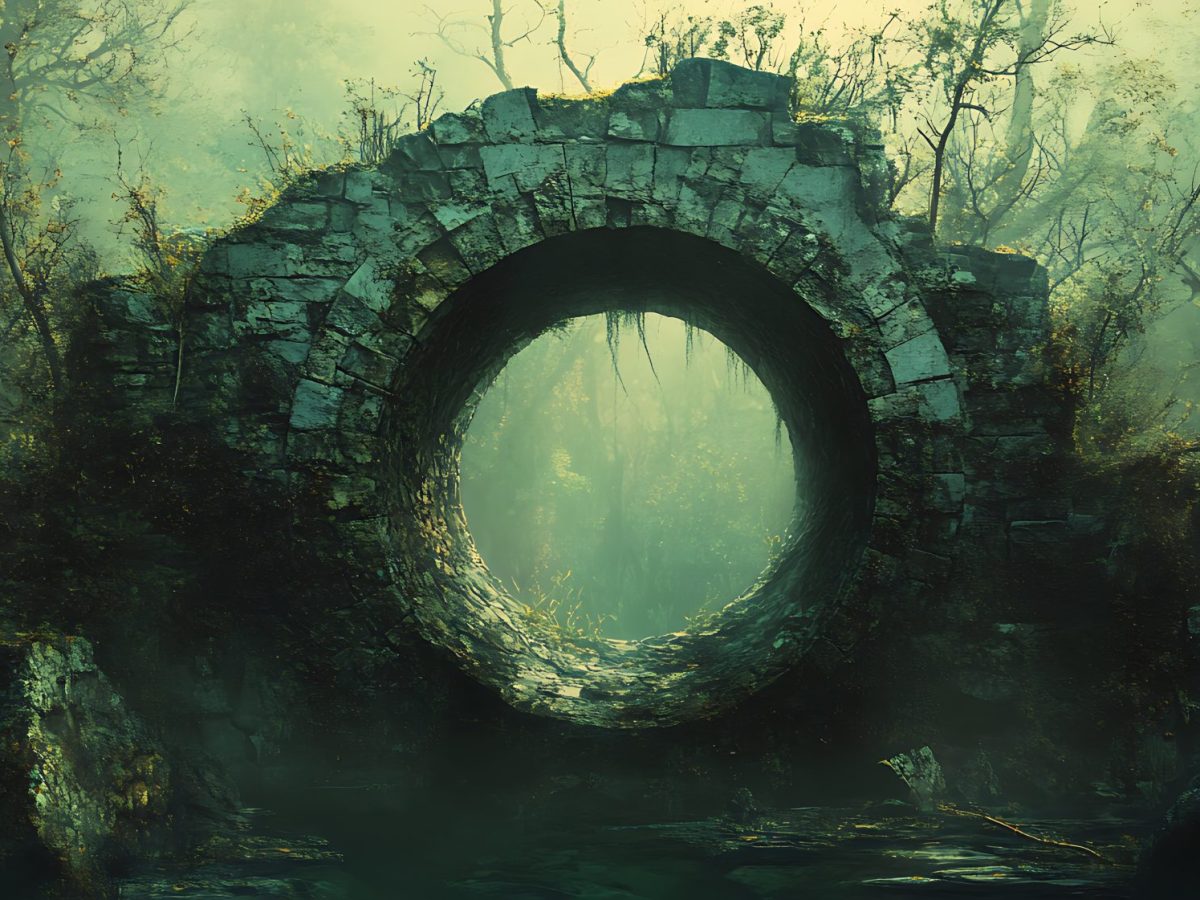KI-generiertes Bild einer Ruine in einem Wald.