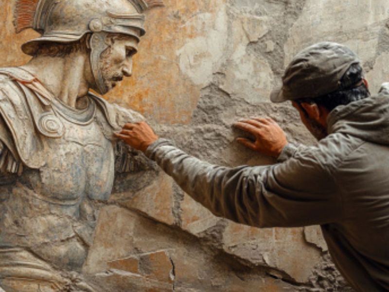 Mann arbeitet an einem archäologischen Fund (KI-generiertes Bild).