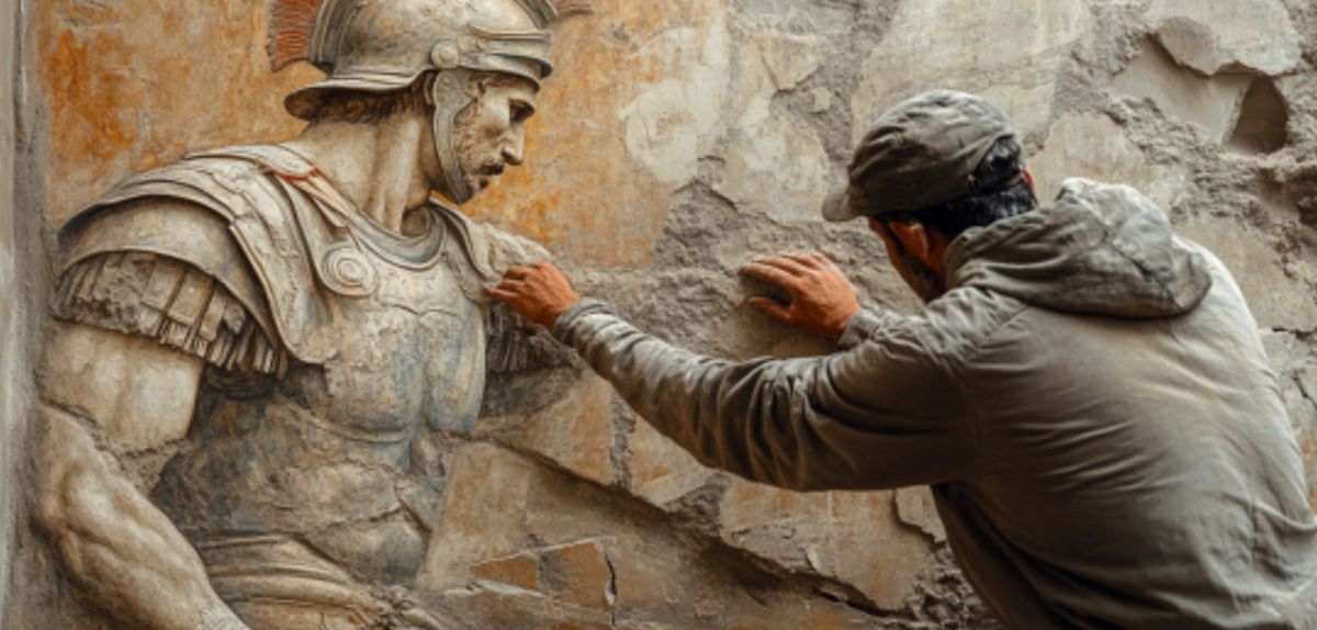 Mann arbeitet an einem archäologischen Fund (KI-generiertes Bild).