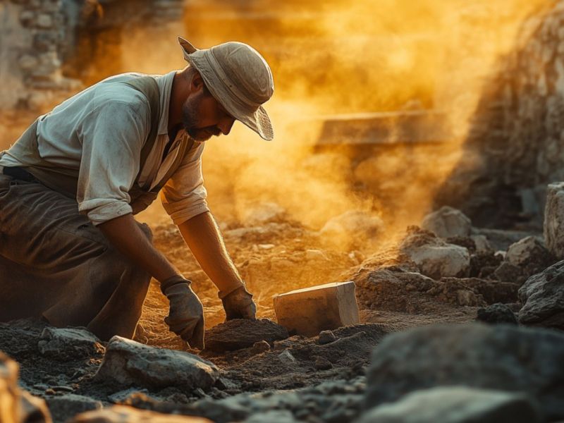 Mann untersucht archäologischen Fund (KI-generiertes Bild).