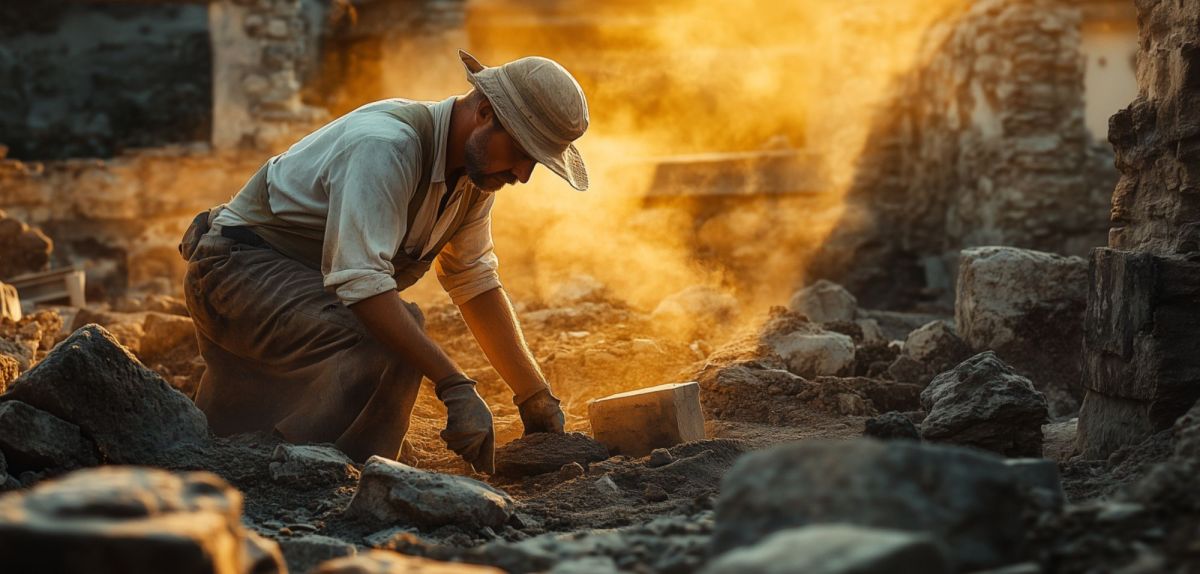 Mann untersucht archäologischen Fund (KI-generiertes Bild).
