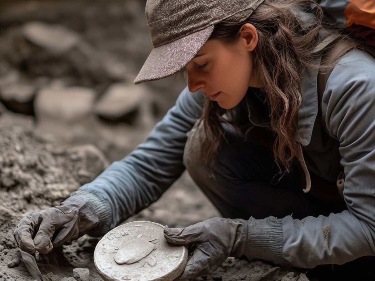 Frau untersucht archäologischen Fund (KI-generiertes Bild)