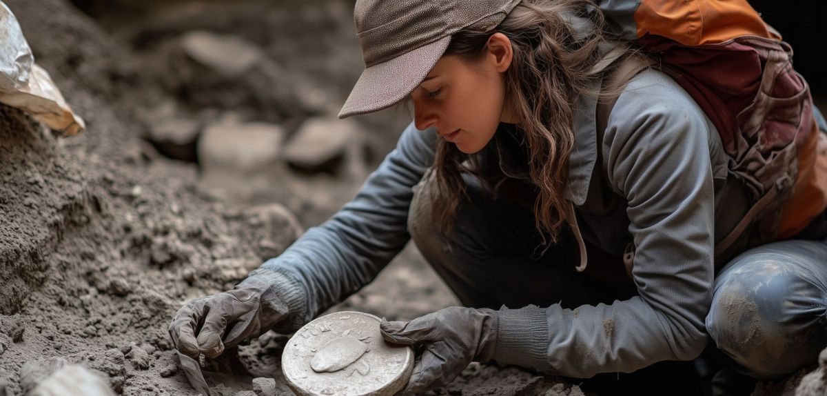 Frau untersucht archäologischen Fund (KI-generiertes Bild)