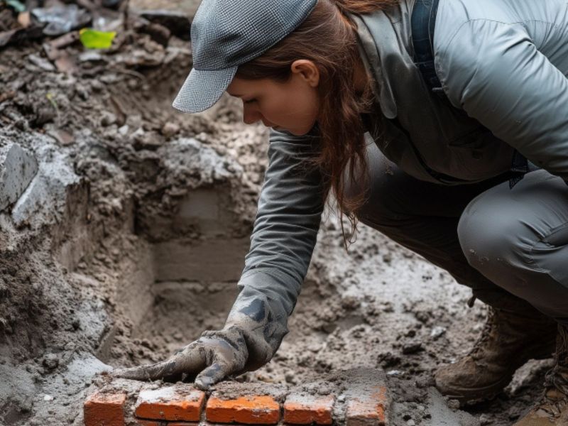 Frau arbeitet an einem archäologischen Fund (KI-generiertes Bild)