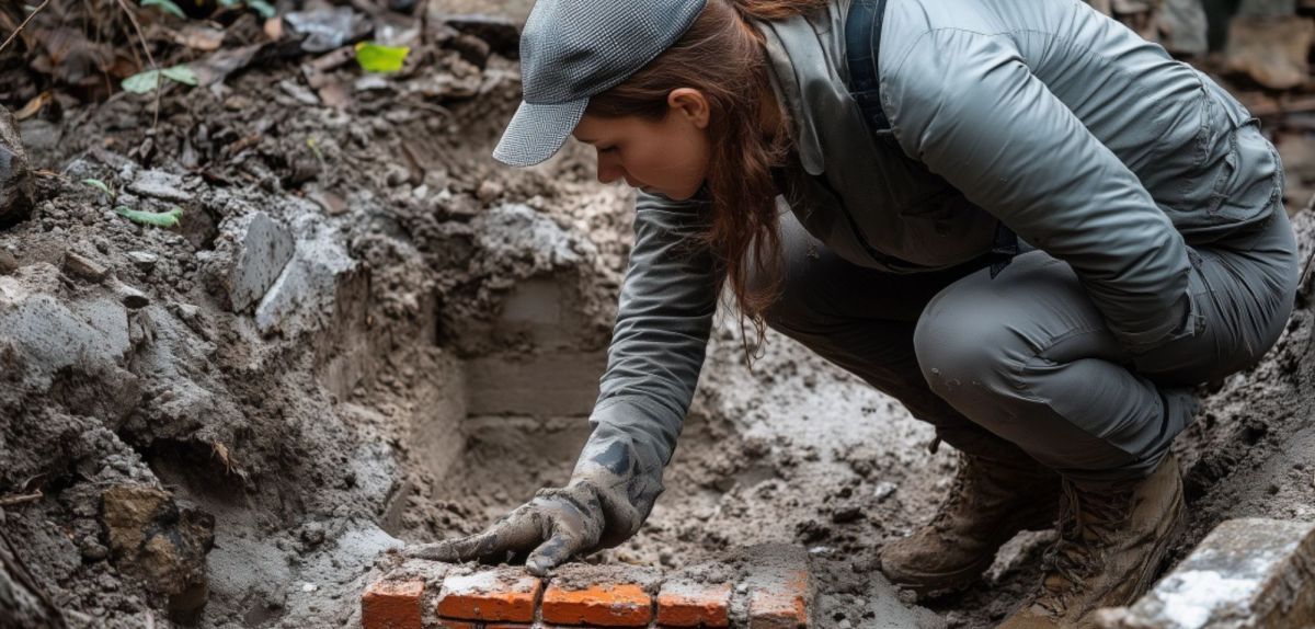 Frau arbeitet an einem archäologischen Fund (KI-generiertes Bild)