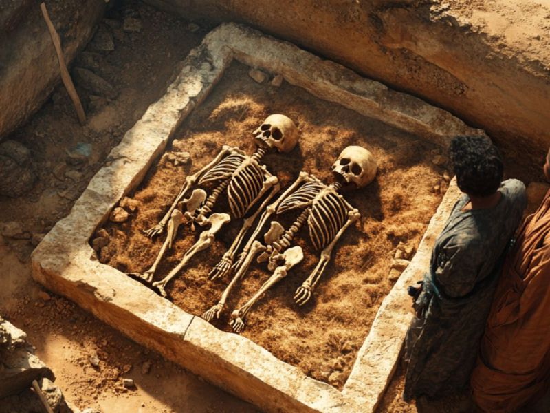 Skelette in einem Grab als archäologischer Fund (KI-generiertes Bild)