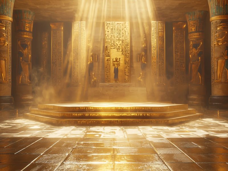 KI-generiertes Bild eines ägyptischen Tempels, der vollständig mit Gold ausgekleidet ist.