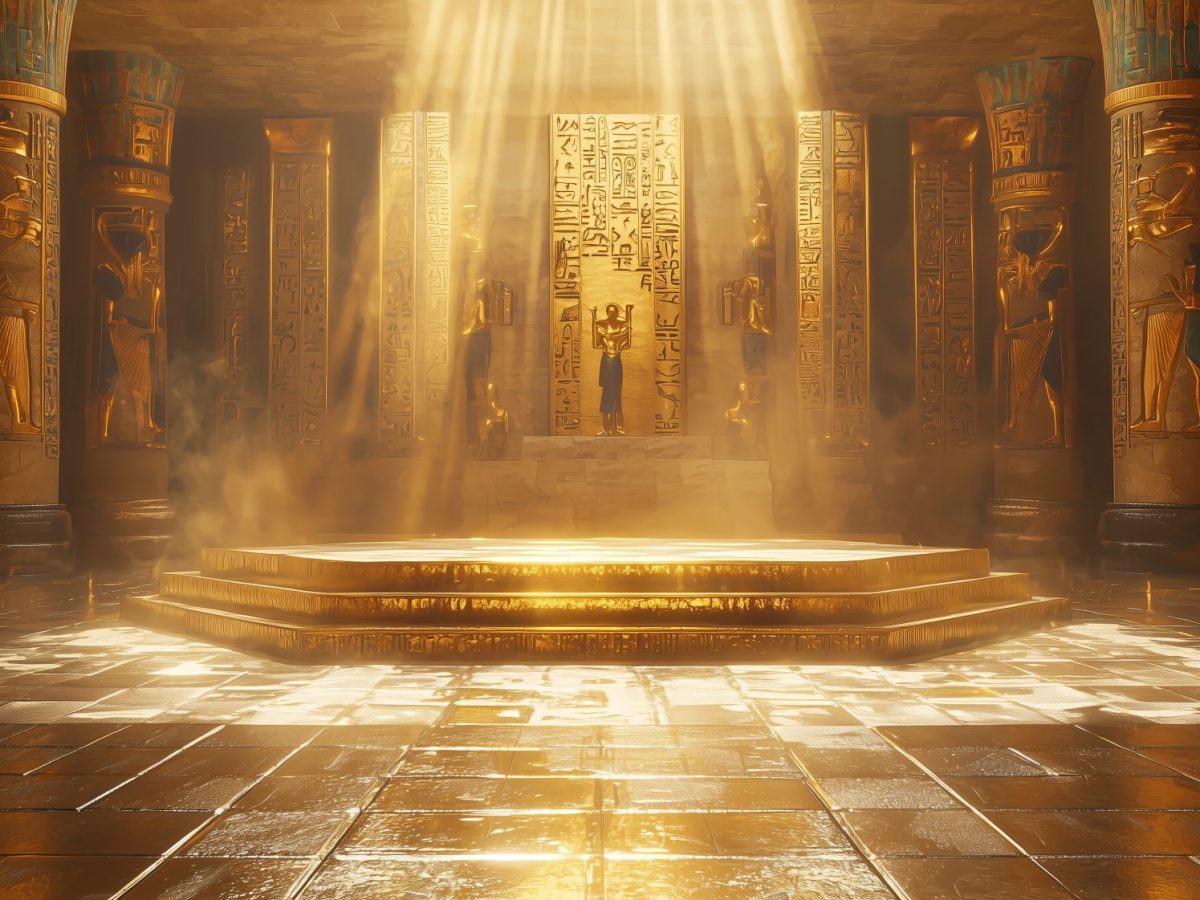 KI-generiertes Bild eines ägyptischen Tempels, der vollständig mit Gold ausgekleidet ist.