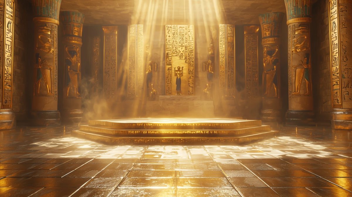 KI-generiertes Bild eines ägyptischen Tempels, der vollständig mit Gold ausgekleidet ist.