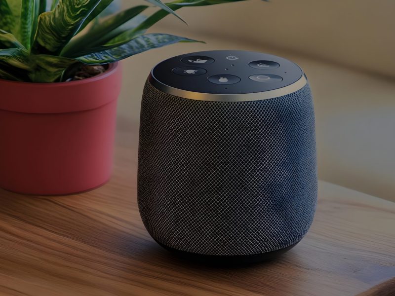 Ein Bluetooth-Lautsprecher steht auf einem Tisch neben einer Pflanze.