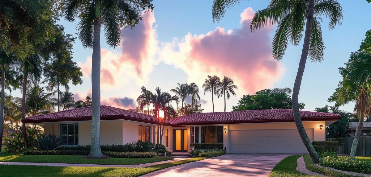Über einem Haus in Florida geht die Sonne auf.